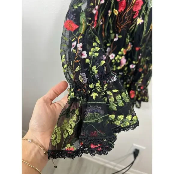 Alexis Adeline Floral Embroidered Dress Black Sz Small Whimsical - Picture 6 of 11